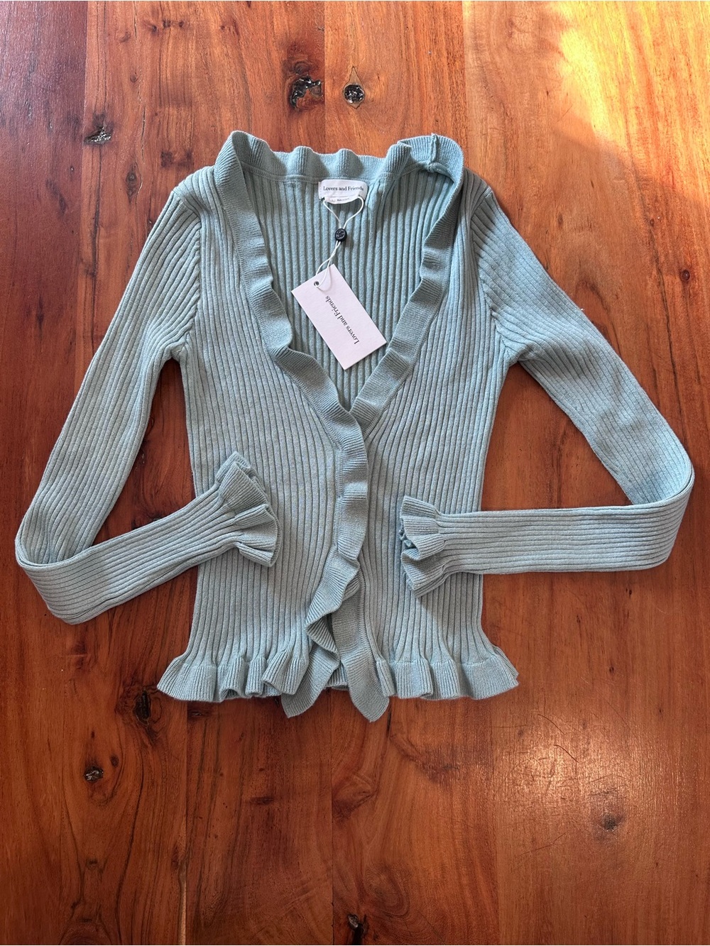 Lovers + Friends Light Blue Ruffle-Trim Ribbed Cardigan